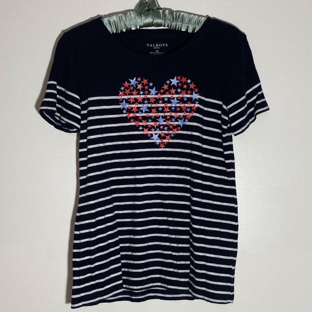 Talbots Blue and White Striped Short Sleeve Tee with Red White‎ & Blue Heart